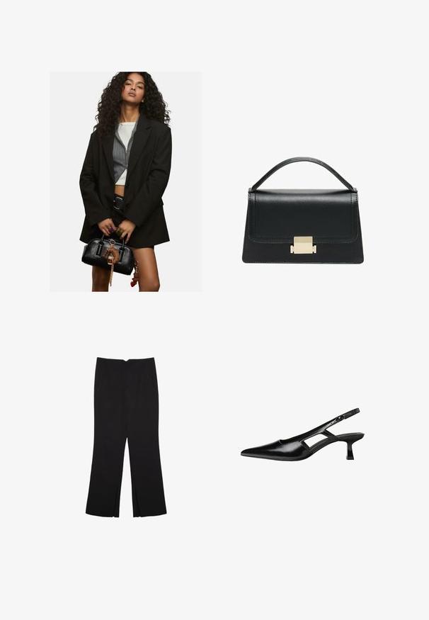 Junge Frau mit lockigem Haar, die ein geschichtetes schwarzes Blazer und ein kurzes Oberteil trägt, hält eine schwarze Handtasche mit Schlüsselanhänger-Anhänger.; Schwarzes Kurzarmoberteil aus glattem Stoff; hat einen drapierten Ausschnitt und einen asymmetrischen Saum, mit einem figurbetonten Körper.; Schwarze Hose mit geradem Schnitt, ausgestattet mit Fronttaschen und Seitenschlitzen am Saum. Hergestellt aus weichem, glattem Stoff. Geeignet für verschiedene Anlässe.; Schwarze Lackleder-Slingback-High Heels mit spitzer Zehenform, ausgeschnittenem Seitendesign und kleinem Blockabsatz. Glatte Textur mit minimalen Akzenten.; Schwarze Lederhandtasche mit strukturiertem Design, oberem Griff und einem goldenen Metallschnappverschluss auf der Vorderseite. Glatte Textur, minimale Nähte.
