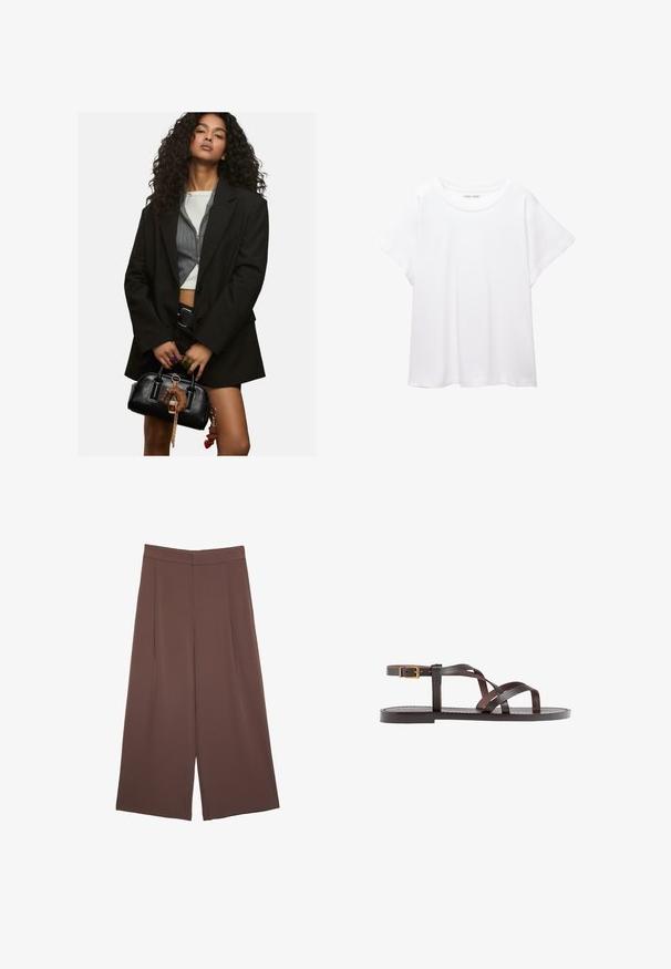 Una giovane donna con capelli ricci, che indossa un blazer nero a strati e un top corto, che tiene una borsa nera adornata con charm a forma di portachiavi.; T-shirt bianco realizzato in un tessuto morbido e leggero. Presenta un collo rotondo e maniche corte e larghe con vestibilità morbida. Nessun motivo visibile.; Pantaloni ampi marroni con una texture liscia, caratterizzati da una vita alta e pieghe frontali. Il tessuto è leggero e scorre liberamente.; Sandal in pelle marrone con cinturini incrociati, chiusura con cinturino alla caviglia e suola piatta con dettagli di cucitura minimi.