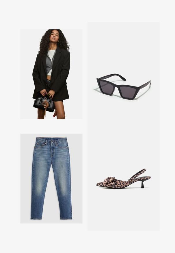 Una giovane donna con capelli ricci, che indossa un blazer nero a strati e un top corto, che tiene una borsa nera adornata con charm a forma di portachiavi.; Body bianco con scollatura quadrata, design senza maniche, texture liscia e chiusura a pressione sul fondo. Stile semplice e minimalista.; Jeans in denim blu chiaro con taglio dritto, cinque tasche, patta con bottoni e leggeri sbiadimenti sulle cosce. Cuciture a contrasto visibili.; Décolleté con cinturino a slingback in tessuto a stampa leopardata con un accessorio a fiocco, dotate di un tacco basso nero e una texture liscia.; Occhiali da sole neri e angolari con lenti grigie; realizzati in plastica, con aste spesse dalla superficie liscia e senza hardware visibile.