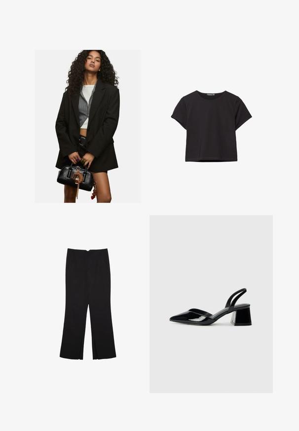 Junge Frau mit lockigem Haar, die ein geschichtetes schwarzes Blazer und ein kurzes Oberteil trägt, hält eine schwarze Handtasche mit Schlüsselanhänger-Anhänger.; Schwarzes kurzärmliges Crop-Top aus weichem Stoff, mit rundem Halsausschnitt und einem lässigen Schnitt mit einem sauberen Saum.; Schwarze Hose mit geradem Schnitt, ausgestattet mit Fronttaschen und Seitenschlitzen am Saum. Hergestellt aus weichem, glattem Stoff. Geeignet für verschiedene Anlässe.; Schwarze Lackleder-Slingback-High Heels mit spitzem Schuh und einem geometrischen Blockabsatz. Verfügt über ein schlankes, minimalistisches Design und eine glatte Textur.