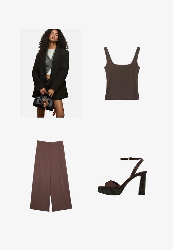 Mladá žena s kučeravými vlasmi, oblečená v viacerých vrstvách čierneho sako a skráteného topu, držiaca čiernu kabelku zdobenú príveskami.; Hnedý bezrúškový top so štvorcovým výstrihom, vyrobený z mäkkého, elastického materiálu. Má priliehavý strih a ploché švy.; Hnedé nohavice so širokými nohavicami a hladkou textúrou, s vysokým pásom a prednými skladmi. Tkanina je ľahká a voľne sa pohybuje.; Hnedé semišové sandále na vysokom podpätku s otvorenou špičkou, nastaviteľným členkovým remienkom a pruhovanou platformovou podrážkou.