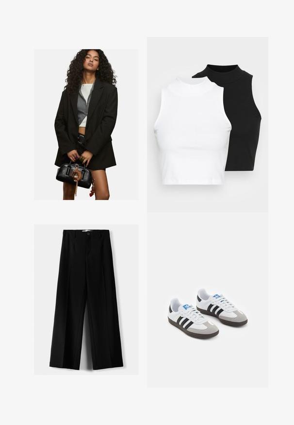 Ung kvinde med krøllet hår iført en lagdelt sort blazer og en cropped top, som holder en sort håndtaske prydet med nøgleringscharms.; To kjoleløse ribbede turtleneck-toppe i sort og hvid, med en tætsiddende design og glat tekstur, samt cropped længde.; Sorte brede bukser lavet af letvægtsstof, med frontknaplukning og glat front, samt pænt syede kanter.; Sportsko med en overdel i hvid læder, grå ruskind på tåen og tre sorte striber. Har et blåt logo på tungen og en struktureret gummisål.