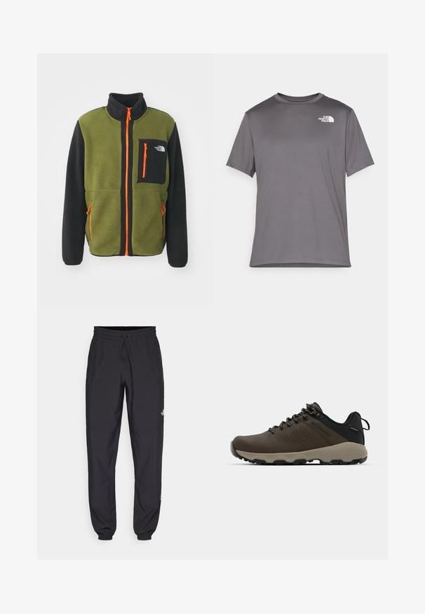 The North Face M YUMIORI FULL ZIP - Flisinė striukė - forest olive/black/orange; Pilkos spalvos trumpomis rankovėmis sportinė marškinėlė, pagaminta iš lygaus, lengvo audinio. Kairėje krūtinės pusėje yra baltas logotipas. Apvalaus kaklo dizainas.; Juodos sportinės kelnės, pagamintos iš lengvos medžiagos, su raišteliu liemens srityje, šoniniais kišenėmis ir siaurėjantys apykaklės prie kulkšnies.; Rudi nepralaidūs sportbačiai su tekstūruota viršutine dalimi, perforuotomis detalėmis, juodu kulno palaikymu ir pilku guminio padu. Šniūreliai yra dekoruoti metaliniais galais.