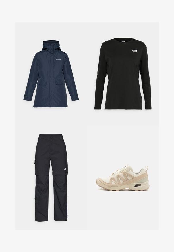 Tengeri vízálló kabát kapucnival, két elülső zsebbel, állítható mandzsettával és cipzáras záródással. A mellkasán logó található.; Fekete, hosszú ujjú póló pamutból, kerek nyakkal. A bal mellrészen egy kis fehér logó található. Egyszerű dizájn és szabás.; Fekete nylon zipzáras cargo nadrág állítható mandzsettával, több zsebbel és logóval a jobb lábon. Simább, könnyű textúra.; Beige és krém színű sportcipő, texturált hálós felsőrésszel, támogató burkolattal és gumitalppal, amely tapadás érdekében bordázott mintázattal rendelkezik.