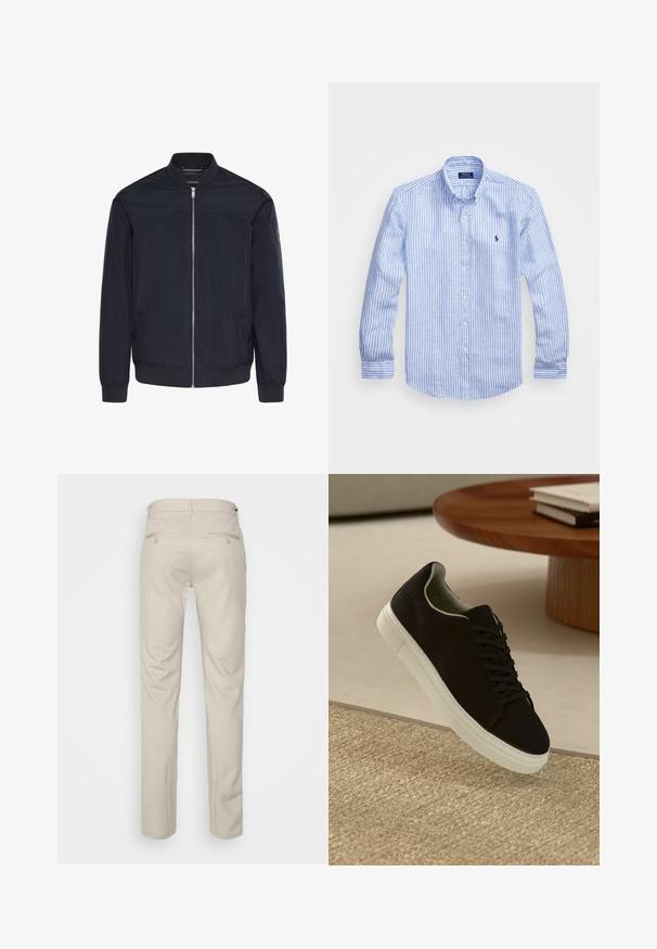 Navy bomber jacket made of smooth fabric, featuring a front zipper, ribbed cuffs, and two side pockets with subtle branding detail.; Blue and white striped long-sleeve shirt made of cotton, featuring a button-down collar, front buttons, and a small embroidered logo on the chest.; Beige trousers with a smooth texture, straight cut, two back pockets with buttons, and a standard waistband.; Black sneaker with white sole floating above beige textured rug near round wooden table with stacked books.