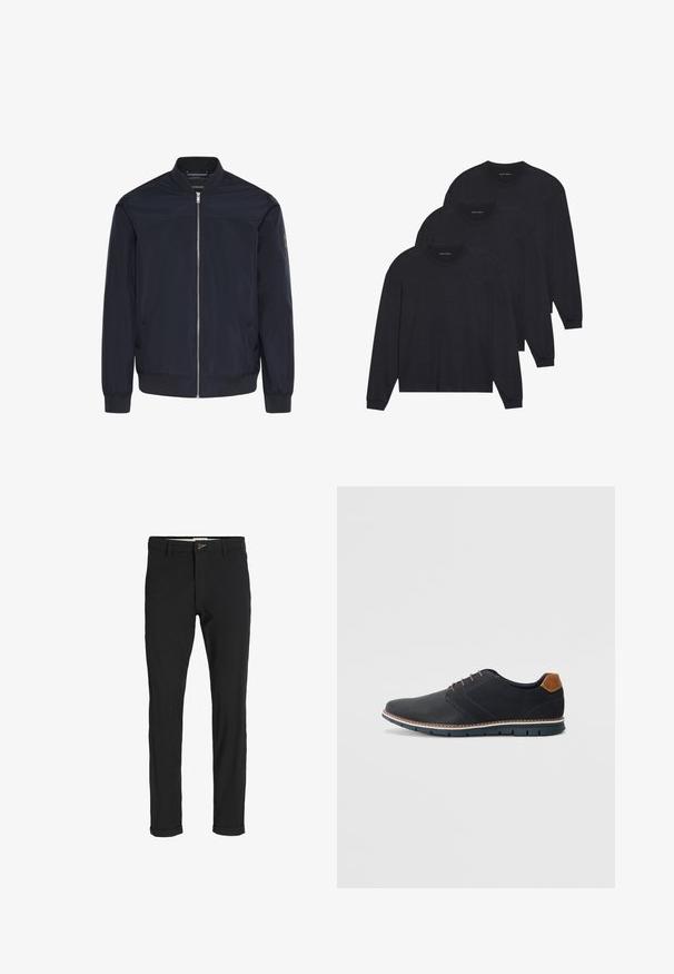 Marineblå bomberjakke laget av glatt stoff, med glidelås foran, ribbede mansjetter og to sidelommer med subtile merkevare detaljer.; Tre svarte langermede skjorter laget av myk stoff, med runde halslinjer og tettsittende mansjetter. Minimalistisk design uten synlige mønstre.; Svart bomullsblandingsbukser med smal passform, med knappelukking, lommer og rullede mansjetter for en avslappet finish.; Sorte syntetiske sko med en teksturert overdel, glatte detaljer, brun hæl og en kontrastfarge på sålen. Har minimalt snøring og sømdetaljer.