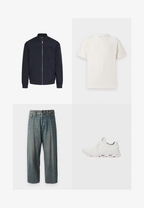 Tamsiai mėlynas bombonešio stiliaus švarkelis iš lygaus audinio, turintis priekinį užtrauktuką, ribotas rankogalis ir dvi šonines kišenes su subtiliais prekės ženklo elementais.; Balta trumpa rankovė T-polo marškinėlių su juostelėmis tekstūra. Apvalus iškirpimas, laisvas fasonas, jokių matomų raštų ar akcentų. Paprastas ir universalus dizainas.; Šviesiai mėlyni džinsai su laisvu siluetu, vidutinio aukščio juosmeniu ir tiesiomis kojomis. Su penkiais kišenėmis, diržo kilpo ir mygtukų uždarymu.; Baltos sportinės detalės batai su tekstūruotu megztu viršumi, plokščiais raišteliais ir paminkštintu padu, kuriame matomos oro kameros papildomam palaikymui.