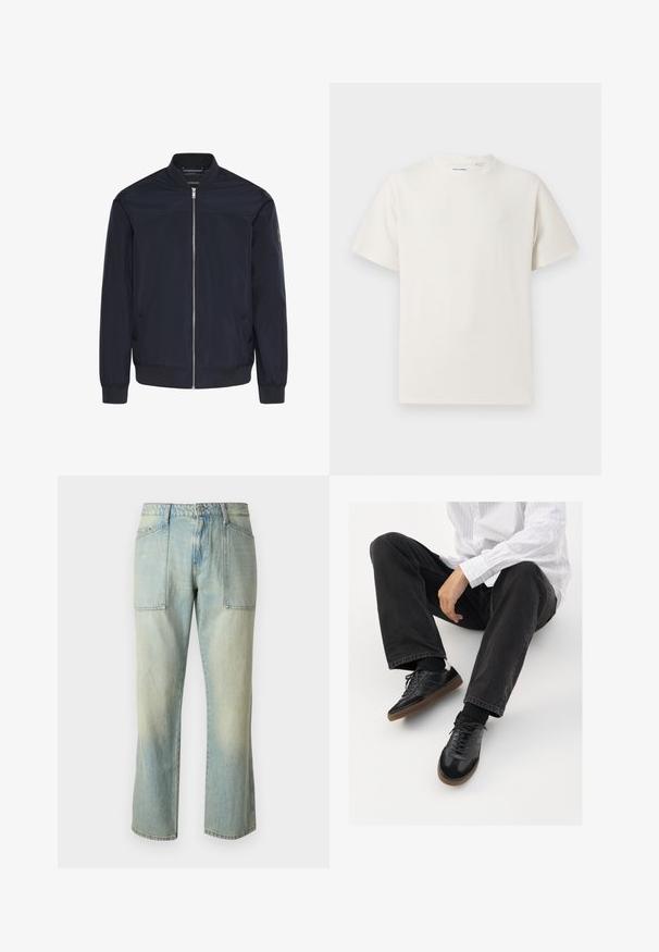 Tamsiai mėlynas bombonešio stiliaus švarkelis iš lygaus audinio, turintis priekinį užtrauktuką, ribotas rankogalis ir dvi šonines kišenes su subtiliais prekės ženklo elementais.; Balta trumpa rankovė T-polo marškinėlių su juostelėmis tekstūra. Apvalus iškirpimas, laisvas fasonas, jokių matomų raštų ar akcentų. Paprastas ir universalus dizainas.; Šviesiai mėlyni džinsai su tiesia kojų kirpimu, matomomis siūlėmis ir dviem didelėmis priekinėmis kišenėmis. Audinys turi pablukusį tekstūrą.; Juodi sportbačiai su lygiu ir tekstūruotu paviršiumi, turi guminį padas ir tamsias raištelius. Suderinti su juodomis džinsais ir balta juostuota marškinėliais.