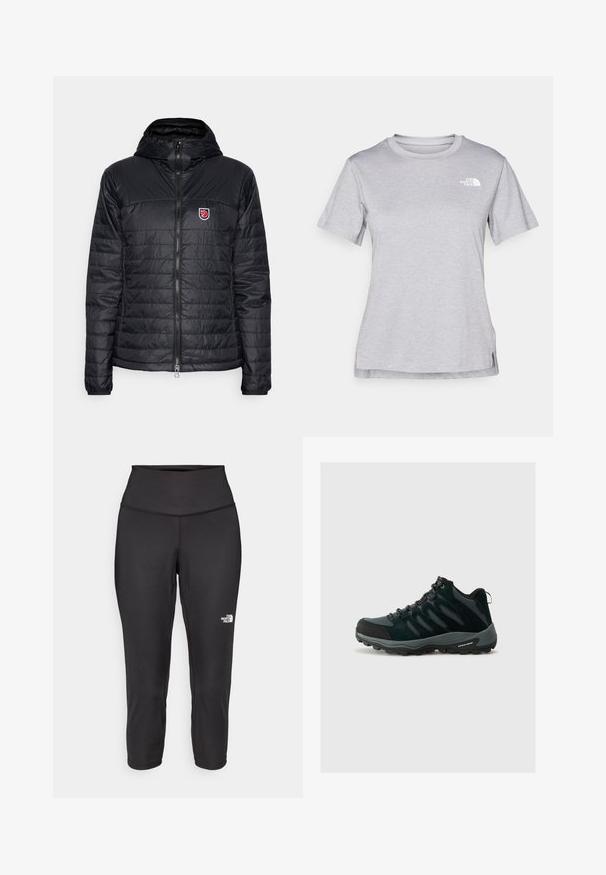 Fekete pufi dzseki kapucnival, steppelt textúrával, cipzáras zárással és egy kis emblémával a bal felső mellen.; Szürke, rövid ujjú póló, puha, nedvességet elvezető anyagból készült. Kerek nyakú, és egy kis fehér logó található a bal felső részen.; Fekete capri leggings, rugalmas anyagból készült, magas derékkal és egy kis fehér logóval a bal oldalon. Sima tapintású.; Columbia REDMOND - Túracipők - black/citron haze