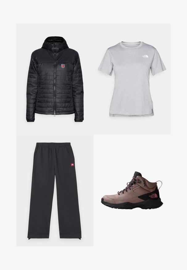 Svart puffjacka med huva, med quiltad textur, dragkedjestängning och en liten emblem på övre vänstra bröstet.; Grå kortärmad t-shirt i mjukt, fuktavledande tyg. Har en rund halsringning och en liten vit logotyp på övre vänstra sidan.; Svarta träningsbyxor i mjukt tyg, med en lös passform, elastisk midja, sidofickor och en liten röd logotag på framsidan.; Vandringskänga i dammros med svarta accenter, med en texturerad ovandel, snörningssystem och en slitstark sula för bra grepp.