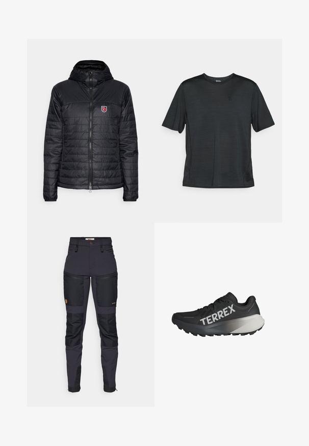 Casaco puffer preto com capuz, apresentando textura acolchoada, fecho com zíper e um pequeno emblema no canto superior esquerdo do peito.; Camiseta atlética preta de mangas curtas, feita de um tecido leve e que absorve a humidade. Apresenta um decote redondo e um pequeno logotipo no peito.; Calças cinza-escuras com remendos reforçados pretos. As características incluem bolsos com fechos éclair, um design ajustado e uma textura de tecido durável.; Sapatilha de corrida preta com um upper texturizado, logótipo "TERREX" em branco em destaque, design de sola afilada, e um acento em gradiente cinza no calcanhar.