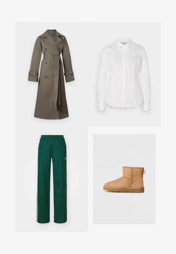 Manteau trench vert olive en mélange de coton, doté d'un design à double boutonnage, de grands boutons, d'une ceinture et d'œillets décoratifs sur les manches.; Chemise blanche à boutons fabriquée en coton lisse, avec un col classique, des manches longues et un logo subtil sur la poitrine. Présente une fermeture à boutons sur le devant.; Pantalons de sport vert foncé avec une coupe décontractée, dotés d'une taille à cordon, de poches latérales et de bandes crème sur les côtés.; Bottines en suède beige avec bout rond, détails cousus, tirant à l'arrière et semelle en caoutchouc texturé. Conçues pour le confort et la chaleur.