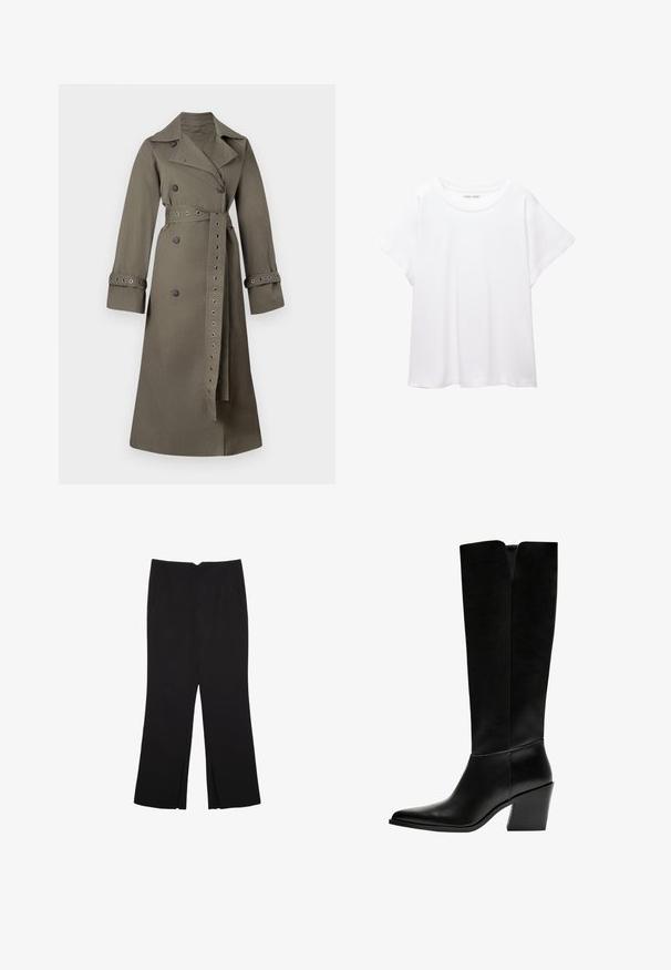 Olivgrüner Trenchcoat aus Baumwollmischung, mit einem doppelt geknöpften Design, großen Knöpfen, einem Gürtel und Ösenakzenten an den Ärmeln.; Weißes T-Shirt aus weichem, leichtem Stoff. Mit runder Halslinie und kurzen, weit geschnittenen Ärmeln für einen lässigen Sitz. Keine sichtbaren Muster.; Schwarze Hose mit geradem Schnitt, ausgestattet mit Fronttaschen und Seitenschlitzen am Saum. Hergestellt aus weichem, glattem Stoff. Geeignet für verschiedene Anlässe.; Schwarze kniehohe Stiefel aus glattem Leder, mit spitzem Schuhbund, einem Blockabsatz und einem V-förmigen Ausschnitt an der Oberseite.