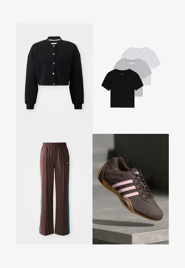 Čierna skrátená mikina s okrúhlym golierom, striebornými cvokmi a prednou vreckom. Vyrobená z mäkkej tkaniny s rebrovanými manžetami.; Sada troch tričiek s krátkym rukávom v čiernej, šedej a bielej farbe. Vyrobené z bavlny, s okrúhlym výstrihom a jednoduchým, jednofarebným dizajnom.; Hnedé športové nohavice s rebrovou textúrou, elastickým pásom a tyrkysovými bočnými pruhmi. Na prednej strane sa nachádza logo adidas.; Hnedé semišové športové topánky s ružovými pruhmi a logom, s textúrovaným vrchom, šnurovaním a gumovou podrážkou.