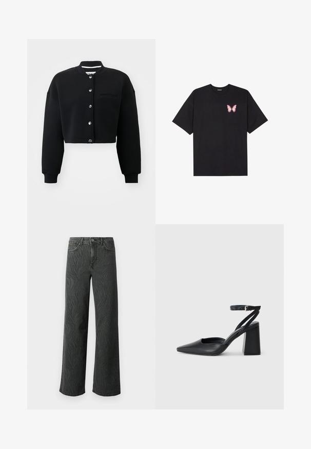 Black cropped sweatshirt with a round collar, silver snap buttons, and a front pocket. Made from soft fabric with ribbed cuffs.; Black cotton t-shirt with short sleeves, featuring a small pink butterfly graphic on the left chest. Crew neck design with a relaxed fit.; Wide-leg jeans in dark gray denim, featuring a subtle zebra-pattern texture, contrast stitching, and five-pocket design with a button fly.; Black leather pointy-toe pump with an ankle strap and a chunky heel. Flat texture, sleek design, and minimalistic aesthetics.