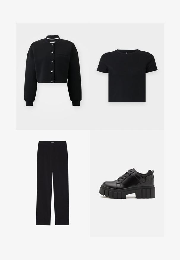 Juodas trumpas megztinis su apvaliu kaklu, sidabriniais spaudiniais ir priekiu kišene. Pagamintas iš minkštos medžiagos su gipiūro rankogaliais.; Juoda trumpomis rankovėmis marškinėliai, pagaminti iš švelnios medvilnės. Turi apvalų kaklą ir prigludusį dizainą. Lygi tekstūra be raštų ar akcentų.; Juodi švelnūs štrichiniai džinsai su tiesiu kirpimu, plokščiu liemeniu ir be matomų kišenių, su glotnia tekstūra ir vertikaliu briaunavimu.; Juodi odiniai platformos batai su masyviu blokuota kulniuku, apvalia nosimi ir tradiciniu šnypštimo dizainu. Turintys glotnų paviršių ir minimalų dekoravimą.