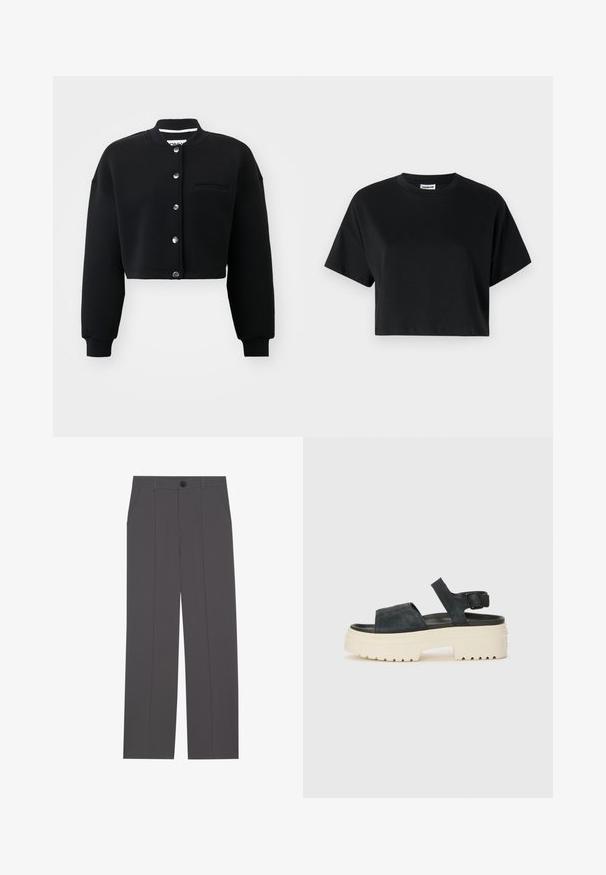 Black cropped sweatshirt with a round collar, silver snap buttons, and a front pocket. Made from soft fabric with ribbed cuffs.; Black cropped t-shirt with short sleeves, round neckline, made of smooth cotton fabric, featuring minimalistic design and subtle stitching details.; Grey trousers with a straight leg design, featuring two side pockets and a button closure. Smooth fabric with no visible patterns or accents.; Black suede platform sandals with a chunky white sole, wide front strap, and adjustable ankle buckle. Textured outsole for grip.