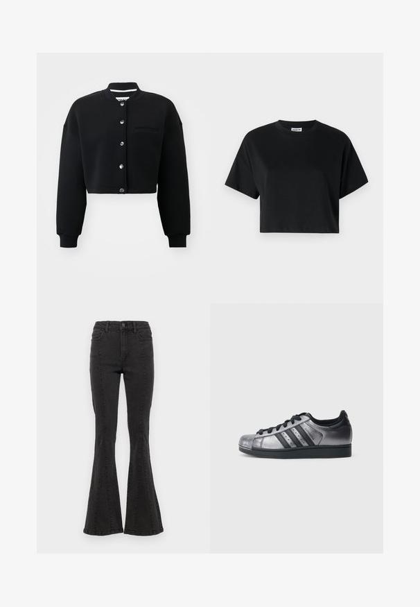 Must mustras jakk mustan värvi, ümmarguse kaelusega, hõbedaste nupuvajutustega ja esise taskuga. Valmistatud pehmest kangast ja ribakujuliste mansettidega.; Must beež must kastanjar t-särk lühikeste varrukatega, ümar kaelus, valmistatud siledast puuvillaste riidest, millel on minimalistlik disain ja peened õmbluse detailid.; Mustad denimist laiad püksid kõrge vöökohaga, külgõmblustega ja puhta viimistlusega hemperites. Kanga pind on sile ja kerge venivusega.; Mustad ja metallik hõbedased tossud ümarate varvaste, kolme musta triibu ja tekstuurse pealispinnaga. Mustad paelad ja kummist talla.