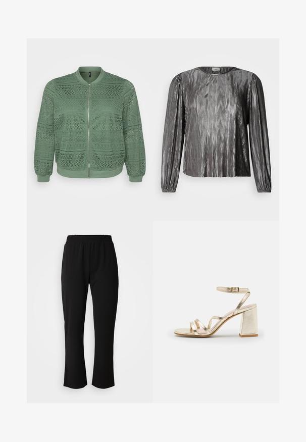 Chaqueta bomber verde con un intrincado patrón de encaje, cuello redondo, mangas largas, puños elásticos, cierre frontal con cremallera y tela texturizada.; Blusa plateada de manga larga con diseño texturizado ondulado, con escote redondo y puños elásticos. Tela lisa y brillante.; ONLY Carmakoma CARLAMA STRAIGHT - Pantalones - black; Zign LEATHER - Sandalias de tacón - gold