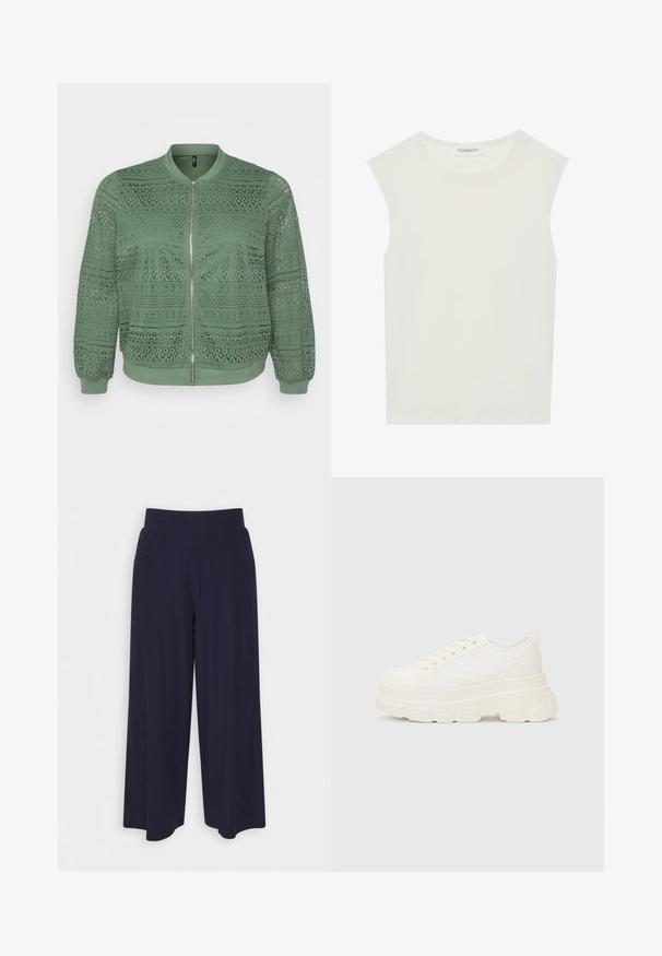Giacca bomber verde con motivi intricati in pizzo, colletto rotondo, maniche lunghe, polsini elasticizzati, chiusura frontale con zip e tessuto testurizzato.; Top bianco senza maniche con scollatura rotonda. Realizzato in tessuto liscio, presenta una vestibilità rilassata e un design minimalista. Nessun motivo o accentuazione.; Pantaloni a gamba larga in tessuto navy scuro con una texture a coste. Presentano una vita liscia e una silhouette fluida, che arriva a metà polpaccio.; Sneaker bianca in tela con suola spessa, punta arrotondata e cinque occhielli per i lacci. Linguetta sul retro per una facile calzata. Texture liscia, design minimalista.