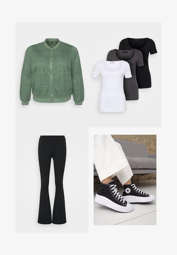 Grüne Bomberjacke mit filigranem Spitzenmuster, Rundhalsausschnitt, langen Ärmeln, elastischen Bündchen, Vorderreißverschluss und strukturiertem Stoff.; Drei figurbetonte T-Shirts in Weiß, Grau und Schwarz. Jedes hat einen weiten Rundhalsausschnitt und kurze Ärmel. Hergestellt aus glattem, elastischem Stoff.; Schwarze, ausgestellte Hosen aus dehnbarem Material mit hohem Bund und glatter Textur. Die Hose weitet sich ab dem Knie.; Schwarze Canvas-Hochtop-Sneakers mit weißen Gummisohlen und Schnürsenkeln. Mit einem runden Logo an der Seite und kontrastierendem weißen Nähten.