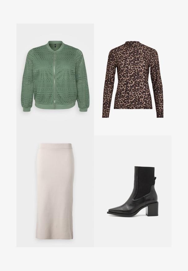 Zelená bomber bunda s jemným krajkovým vzorem, kulatým výstřihem, dlouhými rukávy, elastickými manžetami, předním zipem a textilním materiálem.; Top s dlouhým rukávem s leopardím potiskem a vysokým výstřihem, vyrobený z elastického materiálu. Má písečný základ s hnědými skvrnami. Hladká textura, přiléhavý střih.; Pletená tužková sukně v světle béžové barvě, s ribbovaným pasem, úzkým střihem a bočním rozparkem pro snadný pohyb. Měkká textura, minimalistický design.; Černé kotníkové boty s špičatou špičkou, vyrobené z hladké kůže a elastické tkaniny. Mají blokový podpatek a minimalistický design.