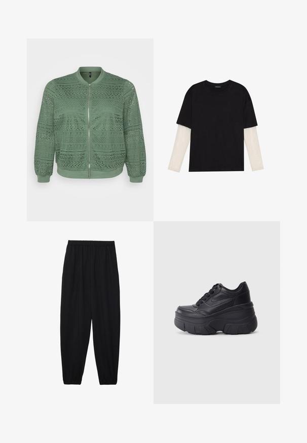 Casaco bomber verde com padrão de renda intrincado, gola redonda, mangas longas, punhos elásticos, fecho frontal com zíper e tecido texturizado.; T-shirt preta de algodão, com mangas curtas sobre uma camada de mangas longas branca com um padrão texturizado subtil. Design de decote redondo.; Calças pretas, leves, com um cinto elástico e punhos franzidos. O tecido é suave e apresenta um design relaxado e afunilado.; Ténis pretos com atacadores e sola robusta, apresentando um cabedal em couro liso, bico arredondado e um design de plataforma em camadas distinto.
