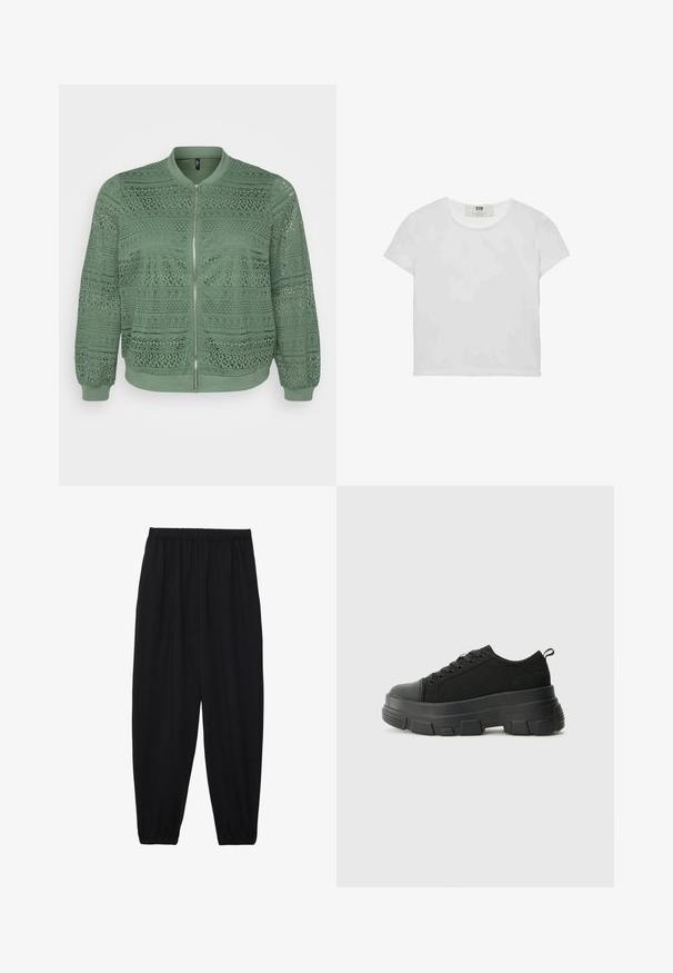 Green bomber jacket with intricate lace pattern, round neck, long sleeves, elastic cuffs, front zipper closure, and textured fabric.; Short-sleeve, round-neck white t-shirt made of soft cotton, featuring a simple, clean design with no visible patterns or accents.; Black, lightweight pants with an elastic waistband and gathered ankles. The fabric is smooth and features a relaxed, tapered design.; Black sneakers with a chunky rubber sole, textured fabric upper, round toe, and lace-up design. Features reinforced eyelets and back pull tab.