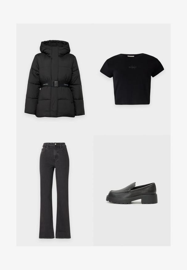 Melnā pūkainā jaka ar kapuci, ar jostu viduklī, ar kvadrātveida šuvēm un priekšējiem kabatām. Mīksta tekstūra un viendabīga krāsa.; Melna ribota īsās piedurknes topiņa, izgatavota no mīksta materiāla, centrā ar nemanāmu Calvin Klein logotipu. Vienkāršs, klasisks dizains.; Melnas augstā jostasvietā plati izgrieztas džinsus no denima, ar pogu aizdari, jostas cilpām un sānu kabatām. Gluda tekstūra ar minimālu izbalēšanu.; Melnas ādas mokasīni ar noapaļotu purngalu, biezs teksturēts zoles un minimālas dūriena detaļas. Gluds dizains bez redzamām auklām vai metāla elementiem.