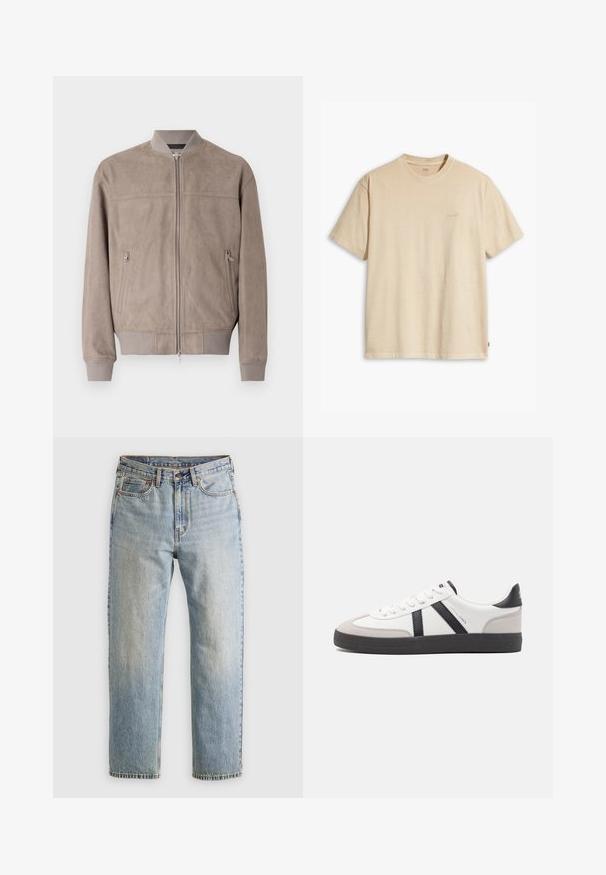 Kerge taupe värvi sametist bomber-jakk ribitud manšettidega ja kraega. Omab keskmist tõmblukku ja kahte küljetaskut tõmblukkude sulgemisega.; Beige puuvillane T-särk ümmarguse kaeluse ja lühikeste varrukatega. Rinnal on peene "Levi's" logo samas värvis. Pehme tekstuur.; Heledad hele sinine teksapükste kõrge vöökoht, ees nupuga, lukuga ja viie taskuga disain, asetatud tasasele neutraalsele taustale.; Valged tossud mustade ja hallide aktsentidega, tekstureeritud halli varbakattega, musta kummitald ja lamedad valged paelad. Puhtad jooned, minimalistlik stiil.