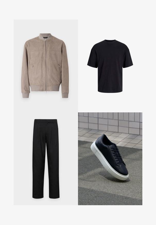 Suedebomberjakke i lys taupe med ribbede manchetter og krave. Har en central lynlås og to sidelommer med lynlåslukninger.; Sort bomulds t-shirt med rund hals, korte ærmer og en afslappet pasform. Glat tekstur uden synlige mønstre eller accenter.; Sorte bukser lavet af glat stof, med et lige ben-design, to frontfolder og en standard talje med bæltestropper.; Sort lædersneaker med rund tå og hvid gummisål. Har flade snørebånd og minimal syning på overdelen. Tekstureret sål for bedre greb.