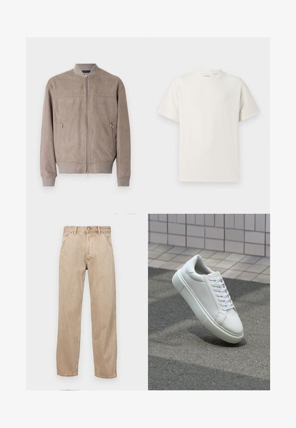 Suedes bomberjakke i lys taupe med ribbede mansjetter og krage. Har en sentral glidelås og to sidelommer med glidelås.; Hvit T-skjorte med kort erm i ribbestrikket tekstur. Rund hals, avslappet passform, ingen synlige mønstre eller detaljer. Enkelt og allsidig design.; Beige denimjeans med rett ben design, med frontlommer, metallknapplukking og subtil tekstur.; Hvit lær sneaker med glatt overflate, rund tå og flate hvite snøringer. Har en teksturert gummisåle og minimale design elementer.