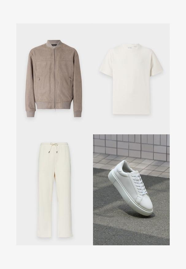 Suede bombers jakas gaiši taupe krāsā ar ribinātiem piedurknēm un apkakli. Tam ir centrāla rāvējslēdzēja un divas sānu kabatas ar rāvējslēdzēja aizdari.; Balta krūštura īsām piedurknēm ar ribota auduma faktūru. Apaļš kakla izgriezums, brīvs griezums, bez redzamām rakstām vai akcentiem. Vienkāršs un daudzpusīgs dizains.; Krēmkrāsas ribota materiāla sporta bikses ar auklu jostasvietā, ar divām sānu kabatām un taisna piegriezuma dizainu.; Baltas ādas sporta apavi ar gludu virsmu, apaļu pirkstu un plakanām baltām šņorēm. Iezīmējas ar strukturētu gumijas zoli un minimālisma dizaina elementiem.