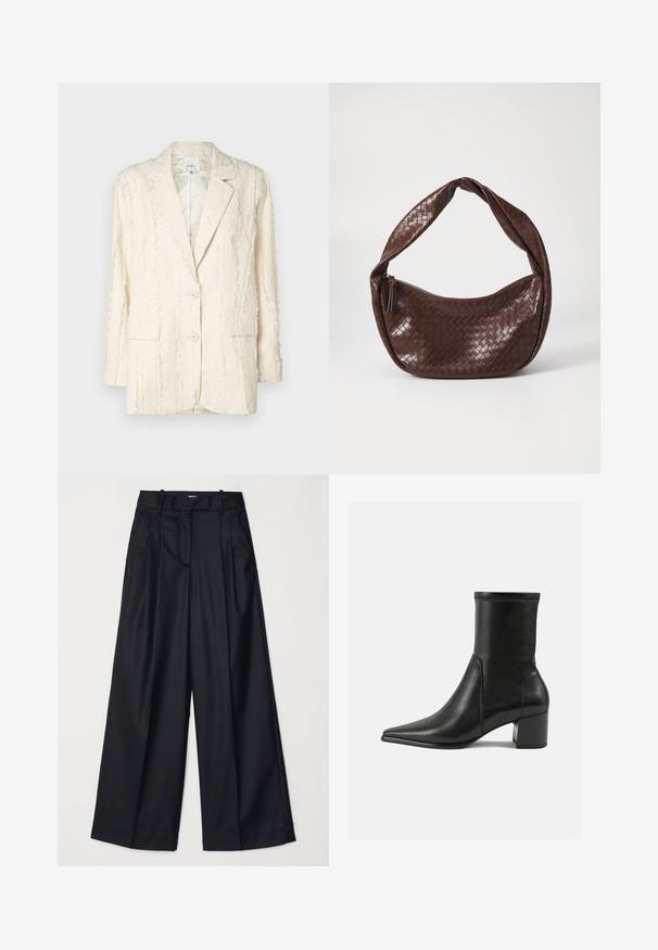 Kremfarget blazer med en strukturert, frynsete mønster. Har to knapper, en spaltekra og sidelommer. Fôret innside.; Hvit ermeløs tanktop med firkantet hals, glatt tekstur og en tettsittende design. Laget av lett stoff.; Svart vide bukser laget av glatt stoff, med høy midje, folder og skreddersydd design. Enkle svarte detaljer i midjen.; Sorte ankelstøvler laget av glatt lær, med spiss tå, blokkhelt og distinkte hevede sømmer på toppen.; Brunnet flettet lærveske med en buet, knyttet håndtak og glidelås. Glatt tekstur og rund form.
