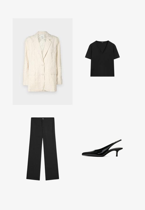 Krémové sako s texturovaným, třásňovým vzorem. Obsahuje dva knoflíky, klopový límec a postranní kapsy. Podšívkový interiér.; Černé tričko s krátkým rukávem a výstřihem do V s jednoduchým, přiléhavým designem na bílém pozadí.; Černé kalhoty širokého střihu vyrobené z lehkého materiálu, s knoflíkovým zapínáním, bez viditelných vzorů a s hladkou, jednobarevnou texturou.; Černý špičatý slingback s lesklou koženou povrchovou úpravou a tenkým, nízkým podpatkem. Obsahuje výřez na boku pro prodyšnost.