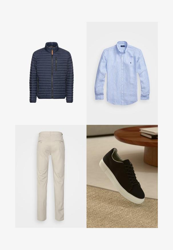 Marineblå quiltet pufferjakke med opretstående krave, forlommer med lynlås og lynlås lukning. Tekstureret overflade med vandret sømdetalje.; Blå og hvid stribet langærmet skjorte lavet af bomuld, med knap-ned krave, frontknapper og et lille broderet logo på brystet.; Beige bukser med en glat overflade, lige snit, to baglommer med knapper og en standard talje.; Sort sneaker med hvid sål svævende over en beige tekstureret tæppe nær et rundt trætabel med stablede bøger.