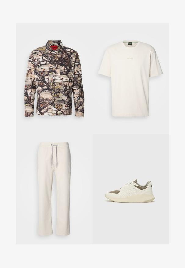 Langermet skjorte med et kamuflasjemønster med grener, blader og fugler. Laget av mønstret stoff med knapper og to frontlommer.; BOSS TEE - T-shirts - open white; Kremfargede kosebukser med snor i livet og rette ben, vist mot en enkel hvit bakgrunn.; Hvit og lysebeige treningssko, med en mesh-overdel, perforerte detaljer og en teksturert mellomsåle med merkevare på hælen.