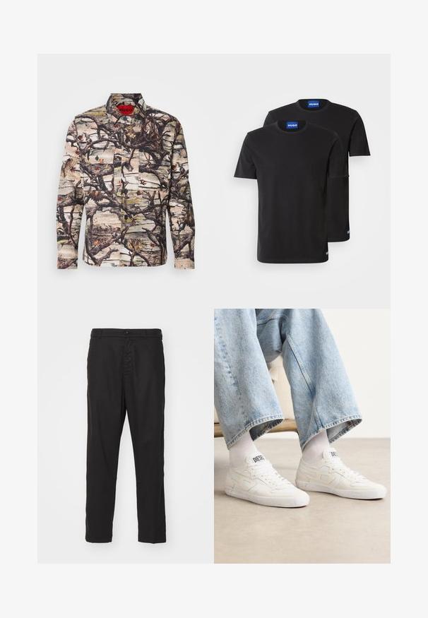 Koszula z długim rękawem w wzór kamuflażu z gałęziami, liśćmi i ptakami. Wykonana z materiału w desenie, z guzikami i dwiema przednimi kieszeniami.; Dwie czarne bawełniane koszulki z okrągłymi dekoltami, krótkimi rękawami oraz niebieskimi metkami "HUGO" na kołnierzach i bocznych brzegach.; Czarne bawełniane chinosy o prostym kroju, z zapięciem na guzik i bocznymi kieszeniami. Gładka tekstura i brak widocznych wzorów oraz akcentów.; Białe sneakersy wykonane z teksturowanych materiałów z haftowanymi akcentami, z sznurowanym designem i logo na języku, noszone z dżinsami.