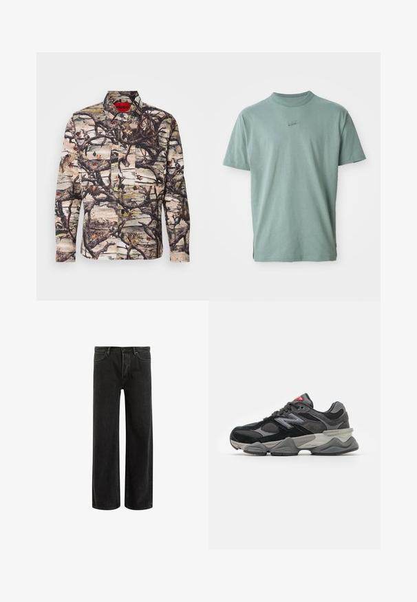 Camicia a maniche lunghe con un motivo camouflage che presenta rami, foglie e uccelli. Realizzata in tessuto stampato con bottoni e due tasche frontali.; T-shirt in cotone verde con maniche corte, colletto a girocollo rib ribattuto e logo Nike ricamato sul petto. Tessuto liscio e vestibilità rilassata.; Jeans wide-leg in denim nero con vita alta, caratterizzati da un classico design a cinque tasche e da un leggero sbiadimento per un aspetto testurizzato.; Sneaker nera e grigia con un mix di materiali in suede e mesh, suola spessa, logo prominente e accento rosso sulla linguetta.