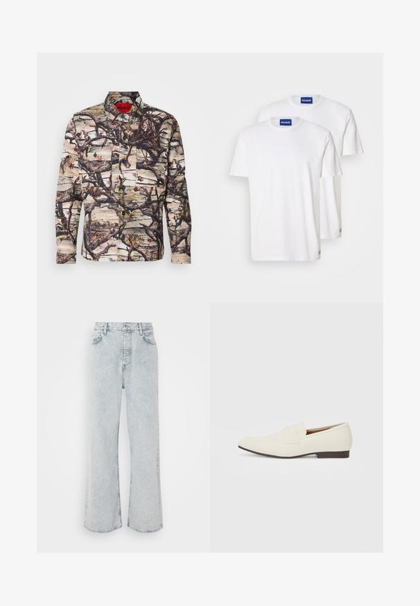 Koszula z długim rękawem w wzór kamuflażu z gałęziami, liśćmi i ptakami. Wykonana z materiału w desenie, z guzikami i dwiema przednimi kieszeniami.; Białe bawełniane T-shirty z okrągłym dekoltem i krótkimi rękawami, oznaczone niebieskimi metkami "HUGO" na dekolcie oraz małymi akcentami na dolnym brzegu.; Jasnoniebieskie dżinsowe spodnie o szerokich nogawkach i wysokim stanie, z zapięciem na guzik, pięcioma kieszeniami i delikatnym efektem wyblaknięcia.; Jasne beżowe mokasyny z wąskim noskiem, gładkim materiałem, paskiem na wierzchu stopy oraz niską brązową podeszwą. Prosty design z minimalnymi akcentami.