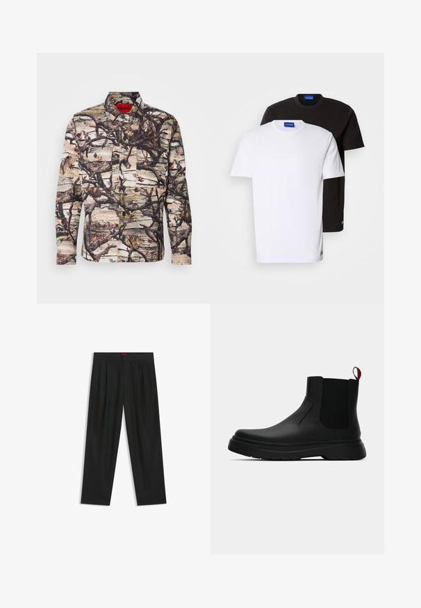 Langærmet skjorte med camouflage mønster, der inkluderer grene, blade og fugle. Lavet af mønstret stof med knapper og to forlommer.; To T-shirts stablet: en hvid og en sort. Korte ærmer, runde halsudskæringer, stof af bomuld. Har et lille blåt logo ved halsudskæringen.; Sorte bukser med plisseret design, bred benform og en glat tekstur. Har et rødt taljetag.; Sort ankelstøvle med en glat overflade, elastiske sidepaneler og en kontrasterende rød træksløjfe, der har en tyk gummisål og rund tå.