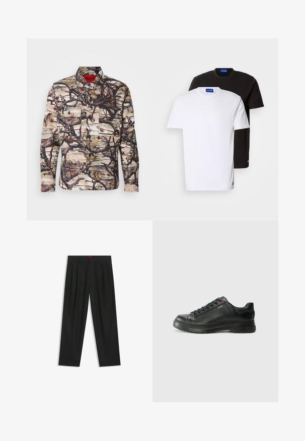 Long-sleeve shirt featuring a camouflage pattern with branches, leaves, and birds. Made of patterned fabric with buttons and two front pockets.; Two T-shirts stacked: one white and one black. Short sleeves, round necklines, cotton fabric. Features a small blue logo at the neckline.; Black trousers with a pleated design, wide leg shape, and a smooth texture. Features a red waistband tag.; Black leather sneaker with textured upper, padded collar, and red logo detail. Features a thick rubber sole with distinct tread pattern.
