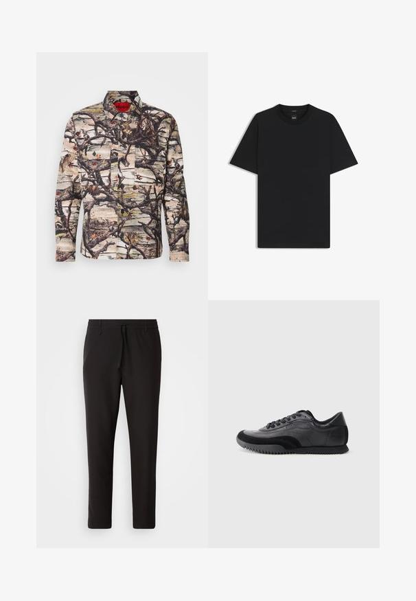 Long-sleeve shirt featuring a camouflage pattern with branches, leaves, and birds. Made of patterned fabric with buttons and two front pockets.; Black short-sleeve T-shirt made from a smooth cotton blend, featuring a crew neckline and a minimalistic design with no patterns or accents.; Black jogger pants made of smooth fabric. Feature an elastic waistband with a drawstring, tapered legs, and no visible pockets. Simple design.; Black and gray sneaker with smooth leather upper, textured accents, round toe, six-eyelet lace closure, and a ridged rubber sole.