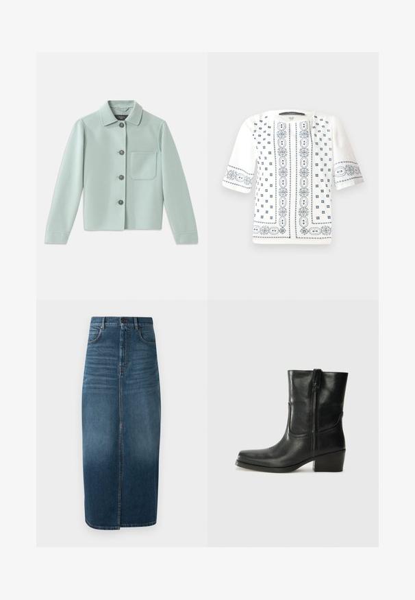 Gai miesti zaļš jakas izmērs, kas izgatavots no mīksta auduma. Iespējas ietver apkakles dekoltē, piecus tumšus pogas un vienu krūšu kabatu.; Balts īsajām piedurknēm blouse ar zilu ziedu izšuvumu, apaļu kakla izgriezumu un sarežģītiem rakstiem pa priekšu un piedurknēm.; Tumši indigo džinsu midi svārki ar priekšējo šķēlumu un vieglu izbalējumu. Klasicks piecu kabatu dizains ar metāla pogas aizdari.; Melna ādas potīte ar noapaļotu purngalu, bloku papēdi, sānu rāvējslēdzēju un šuvju akcentiem uz virsmas. Gluda tekstūra, klasiskā dizaina.