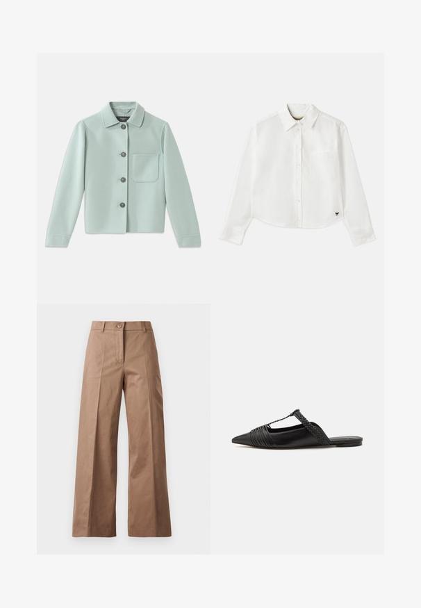 Svetlo mint zelena jakna iz mehke tkanine. Ima ovratnik, pet temnih gumbov in eno prsno žep.; Bela skrajšana srajca z dolgimi rokavi iz bombaža. Ima sprednje gumbke, žep na prsih in majhen črn logo na spodnjem levem delu.; Rjave široke hlače iz gladkega materiala, z zapiranjem spredaj na gumb, dvema sprednjima žepoma in čistimi, postavljenimi linijami.; Črne usnjene sandale s priponko, koničastim nosom in tkano dekoracijo ter gubanjem na zgornjem delu. Ravna podplata z minimalno opremo.