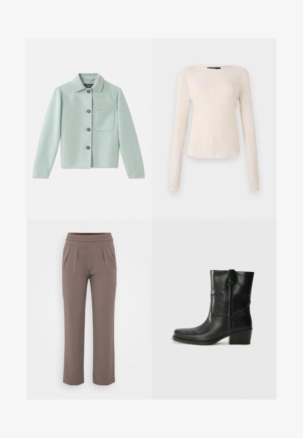 Hele helesinine jakker, mis on valmistatud pehmest kangast. Omab kraega kaelust, viit tumedat nuppu ja ühte rinda taskut.; Pikkade varrukatega helesinine topp ümmarguse kaelusega. Valmistatud pehmest kangast, sisaldab keskset õmblust ja kergelt kaardus serva. Ei ole nähtavat riistvara.; Taupe värvi lahtised püksid elastse vöökohtadega ja ees pleated, valmistatud siledast kangast.; Musta nahast pahkluu saabas ümarate varvastega, plokknäppu, külgsepa ja pealsetel õmblusest aktsentidega. Sile tekstuur, klassikaline disain.