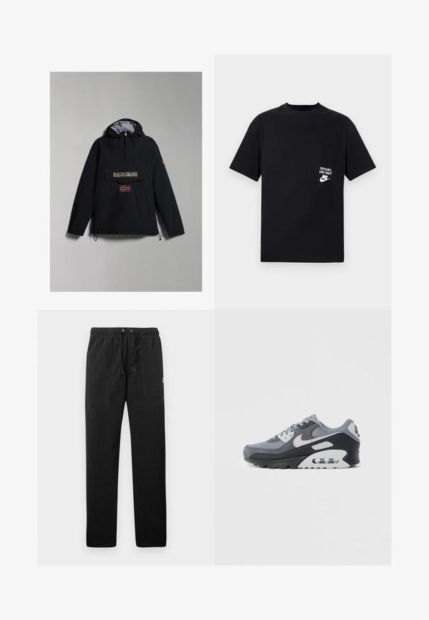 Black hooded anorak jacket with gray lining, front pocket, logo print, and a Norwegian flag patch at the chest. Adjustable hem drawstrings.; Black cotton t-shirt with short sleeves, round neckline, featuring white text “OFFICIAL USE ONLY” and Nike logo on the left chest.; Black sweatpants made of fleece, featuring an elastic waistband with drawstrings, two front pockets, and a small logo on the thigh.; Gray sneaker featuring a mix of mesh and suede materials, with a black sole and visible air unit. Notable light gray accents and laces.