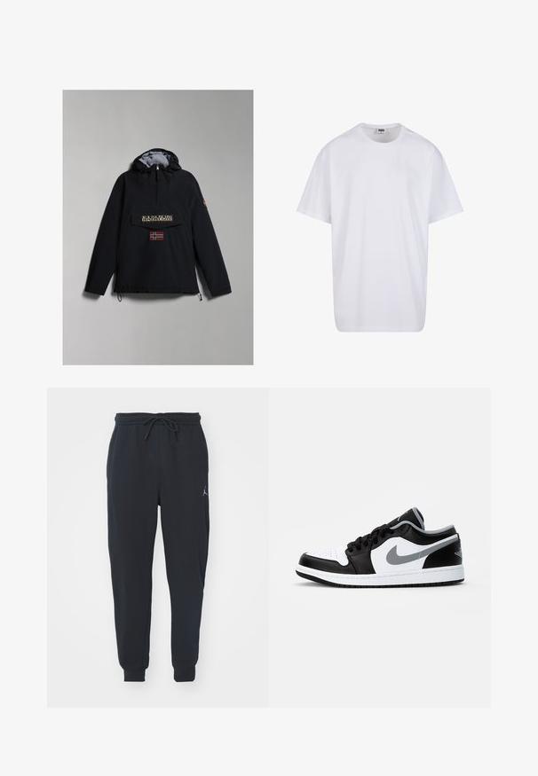 Jachetă anorak neagră cu glugă, căptușeală gri, buzunar frontal, imprimare cu logo și o pată a steagului norvegian pe piept. Șnururi reglabile la margine.; Tricou alb din bumbac cu mâneci scurte, decolteu rotund, croială lejeră și fără logo-uri sau modele vizibile. Textură netedă și design minimalist.; Pantaloni de jogger negri dintr-o țesătură moale, cu talie elastică și șnur, mansete ribbate și un mic logo pe coapsa stângă.; Jordan AIR JORDAN 1 LOW - Sneakers low - black/particle grey-white