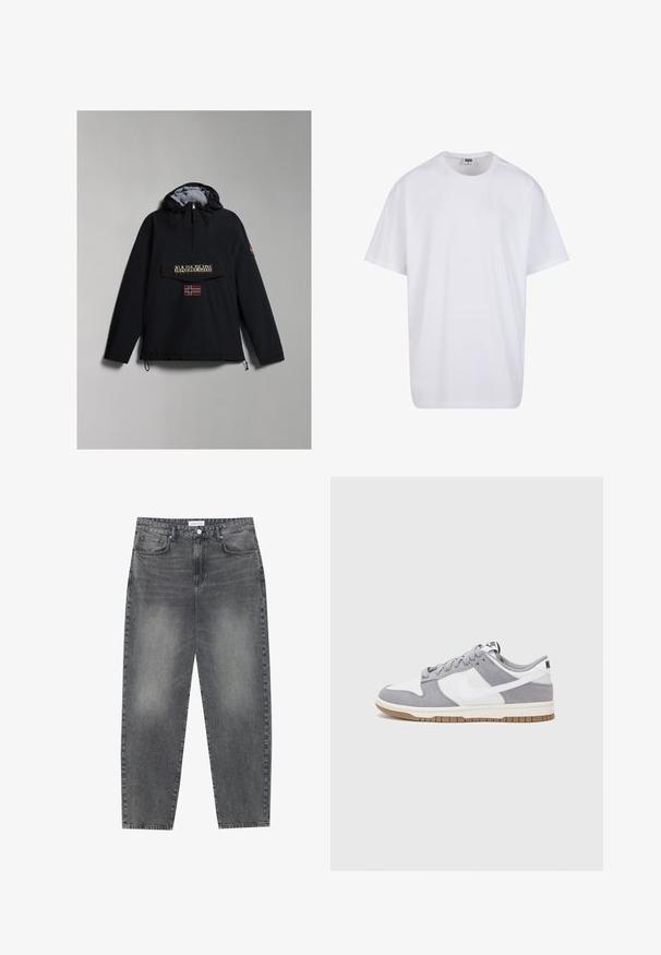 Musta huppari-anorakki, jossa on harmaa vuori, etutasku, logopainatus ja Norjan lipun läpän rintaosassa. Säädettävät helmapunokset.; Valkoinen puuvillainen t-paita, jossa on lyhyet hihat, pyöreä kaula-aukko, rento istuvuus ja ei näkyviä logoja tai kuvioita. Sileä pinta ja minimaalinen muotoilu.; Korkeavyötäröiset, väljät farkut haalistuneesta mustasta denimestä. Ominaisuuksiin kuuluu viisi taskua, vyölenkit ja siisti, suora lahjetyyli.; Harmaa ja valkoinen lenkkari, jossa on mokka- ja nahkapinta, pyöreä kärki, litteät nauhat ja kumipohja, jossa on vaahtomuoviväri.