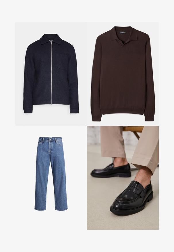 Tumši jūras zilas krāsas jaka, kas izgatavota no teksturēta auduma, ar priekšējo rāvējslēdzēju, apkakli un kreiso krūškurvja kabatu. Garas piedurknes ar aprocēm.; Dondup REGULAR FIT SHIRT - Džemperis - cioccolato; Gai zila denima bikses ar taisnu kāju dizainu, augstu jostasvietu un minimālu šuvju detaļu. Audumam ir mīksta, nedaudz izbalējusi tekstūra.; Melni ādas mokasīni ar gludu virsmu, ar dekoratīvu joslu un kontrastējošām šuvēm, apvienoti ar beidža krāsas biksēm.